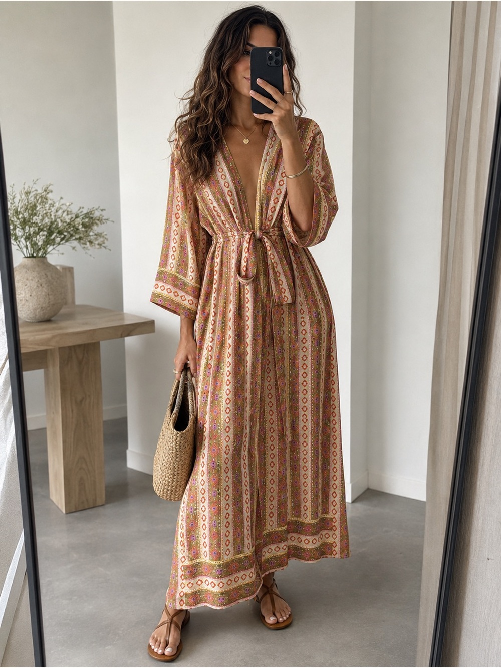 Sandro Flower Stripes Print Silk Wrap Midi Dress Belted 3/4 Sleeve NWT Size 36